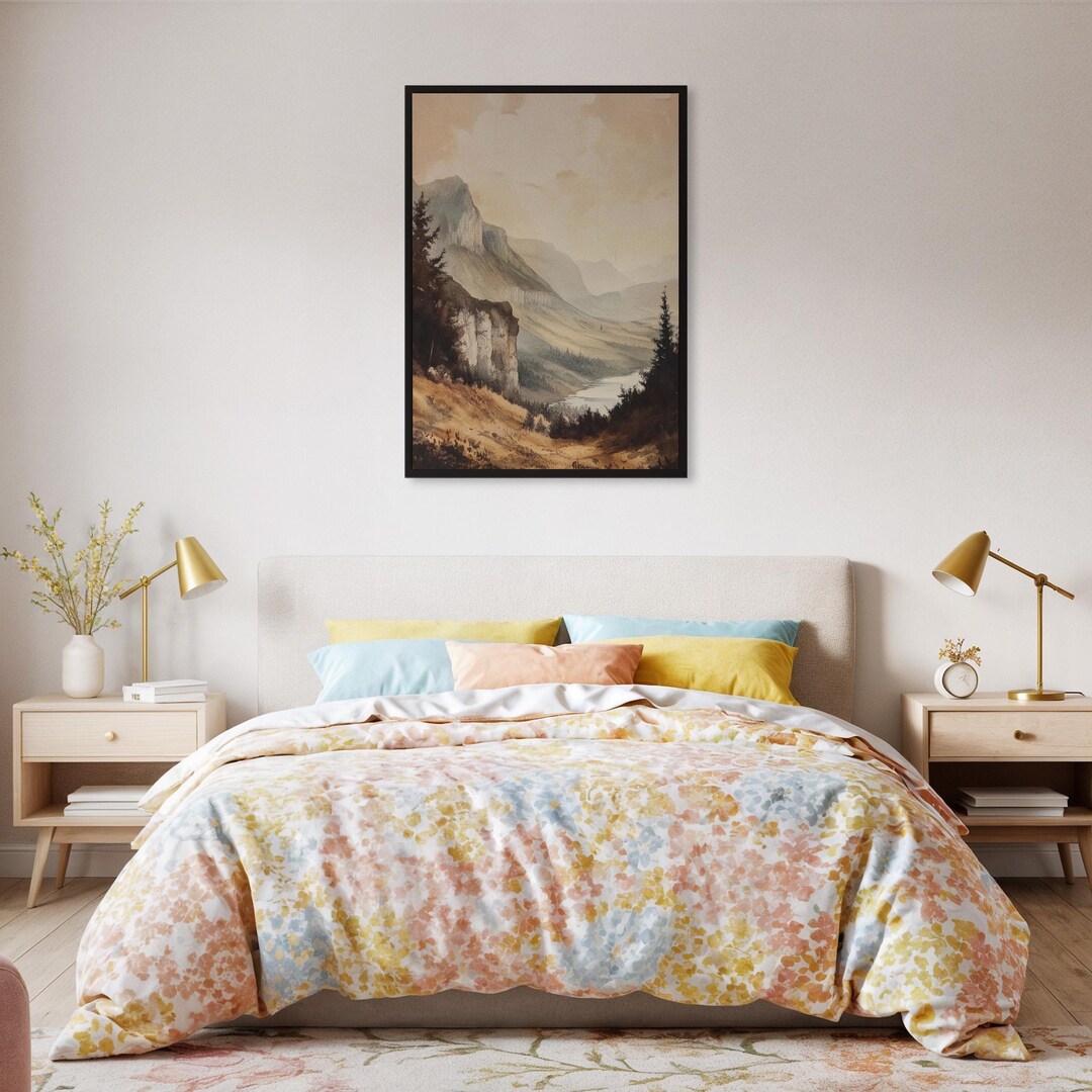 Framed Misty Mountain Wall Art Print, Neutral Toned Valley Landscape ...