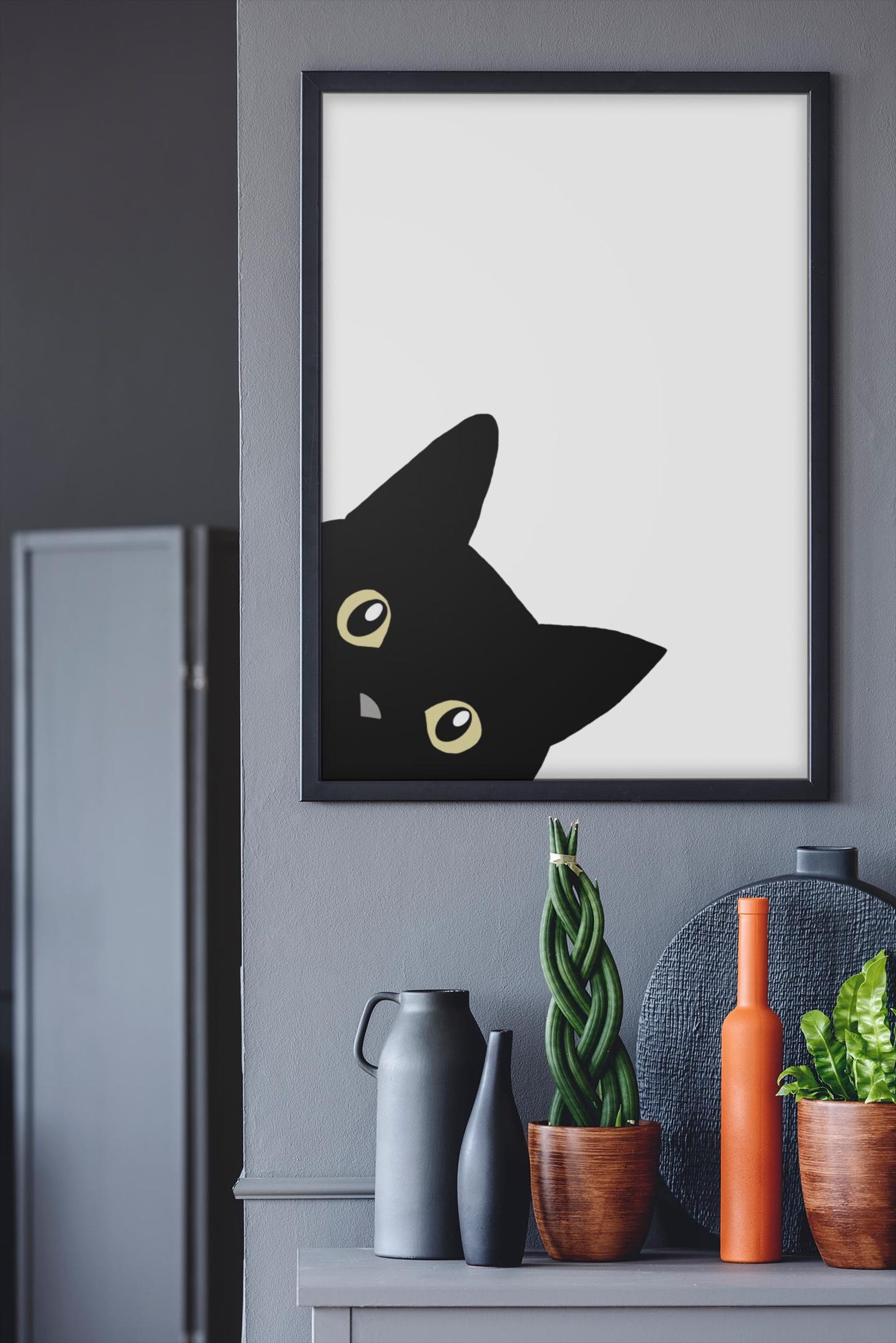 Framed Minimal Black Cat Wall Art Cute Cat Poster Modern Animal Print ...