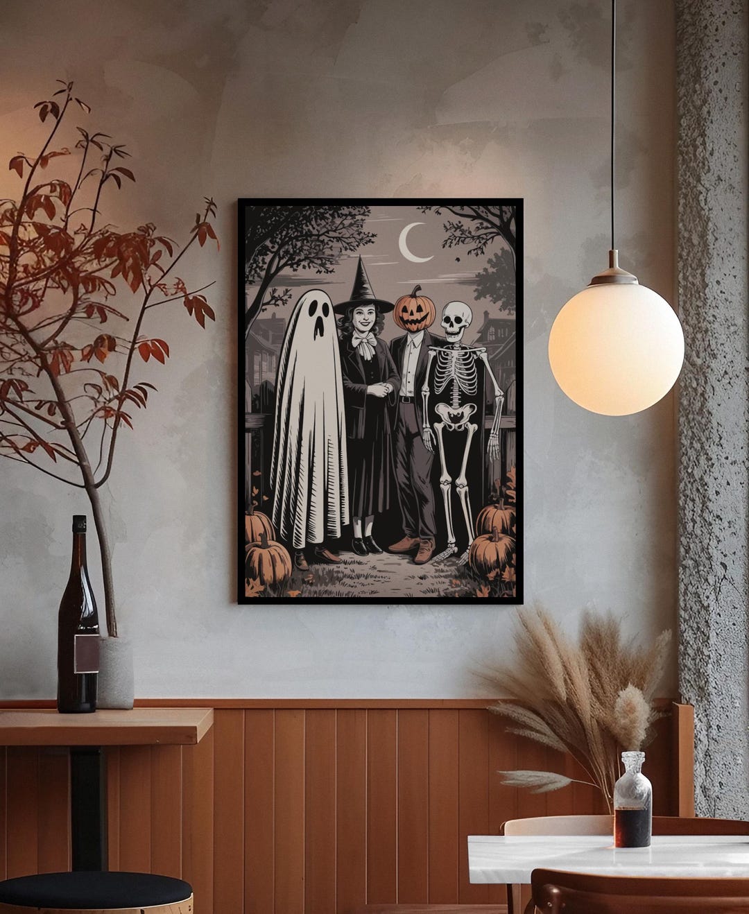Vintage Halloween Wall Art – Ghost Witch Skeleton Pumpkin Group ...