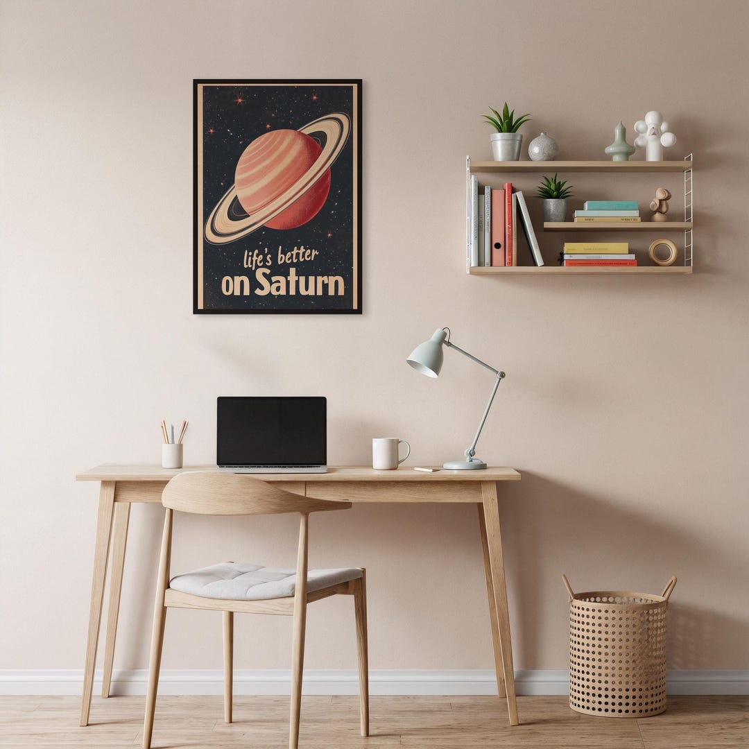 Framed Life on Saturn Wall Art Print, Retro Planet Poster With Quote ...