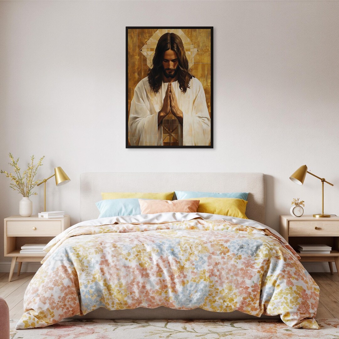 Framed Jesus Praying Wall Art Print, Peaceful Christian Portrait Poster ...
