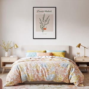 Gerahmter Lavendel Blumenmarkt Druck, Beige Minimalistisches Botanisches Linie Kunstplakat, ruhiges Pflanzenliebhabergeschenk für Küche, Spa oder Eingangsbereich