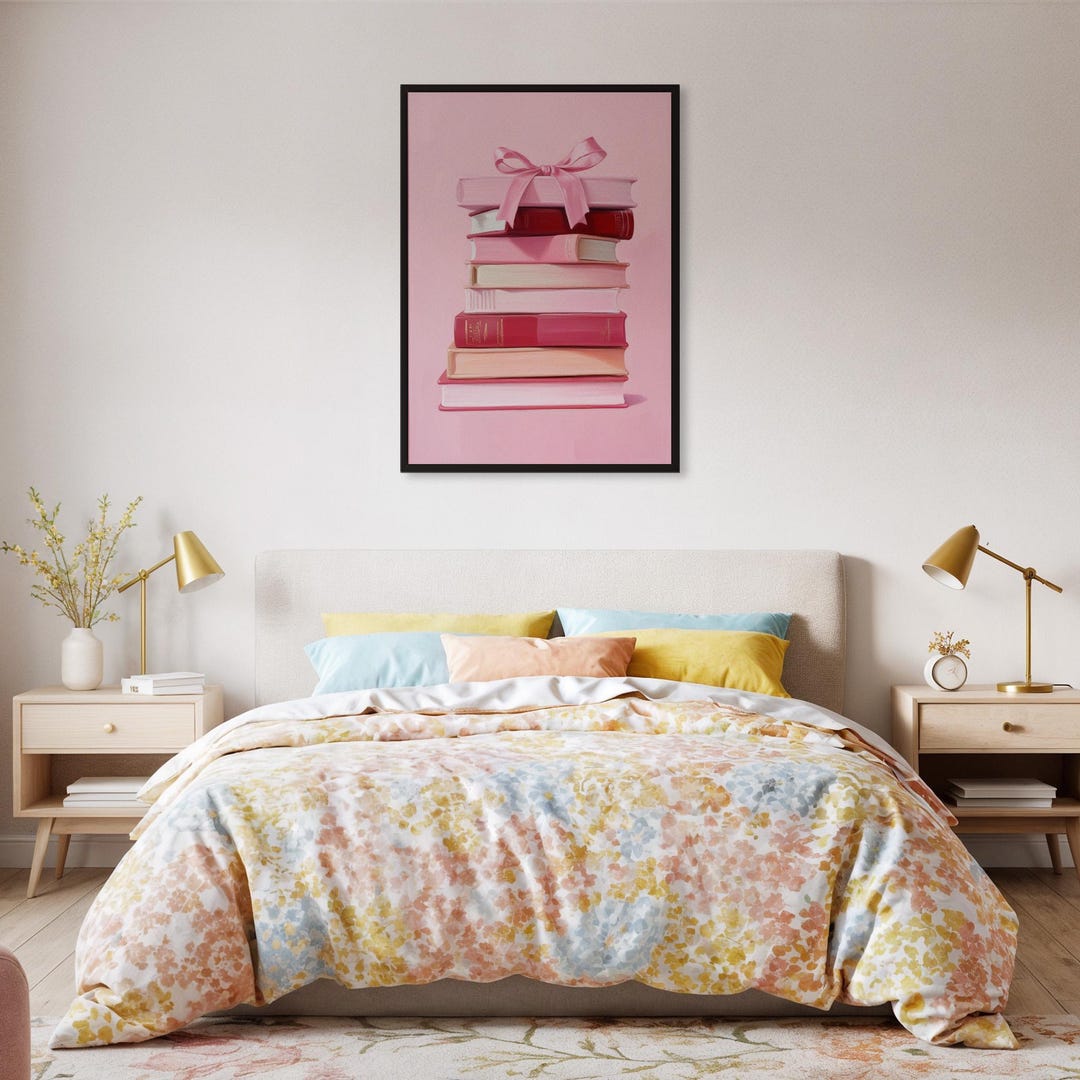 Framed Pink Book Stack Wall Art Print, Feminine Library Poster With Bow ...