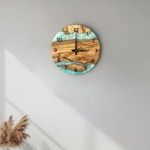 Kitchen Wall Clock, Epoxy Look Olive Wood Clock, Modern Rustic Silent Wall Clock, 2D Printed Turquoise Resin Style, Living Room Office Decor