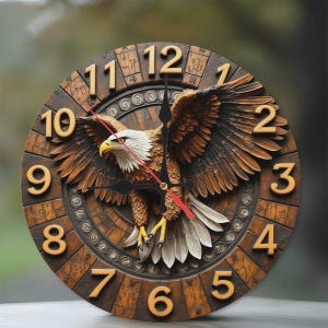 Könnte beinhalten: Dekorative Wanduhr aus Holz mit detailliertem Adlerdesign. Das Zifferblatt hat goldfarbene Ziffern und schwarze Zeiger, mit einem roten Sekundenzeiger. Der Adler ist braun, weiß und gelb. Durchmesser ca. 30 cm.