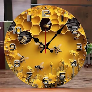 May include: A decorative yellow clock with a bee theme. The clock face features a honeycomb design, bees, and yellow flowers. Black numerals mark the hours. The clock hands are black, and the second hand is red.