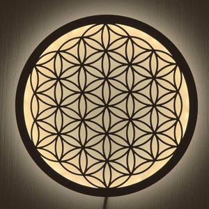 Wooden Flower of Life Wall Art with LED Lights, Geometric Sacred Symbol Decor, Laser Cut Wood Panel, Illuminated Spiritual Wall Hanging