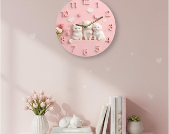 Cute Kitten Wall Clock: Silent MDF, 3D Look, Cat Lover Gift
