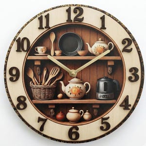 May include: A decorative wooden wall clock with a kitchen theme. The clock face features a light wood grain background with large brown numbers. Inside, there are shelves with teapots, cups, and utensils. The clock hands are gold.