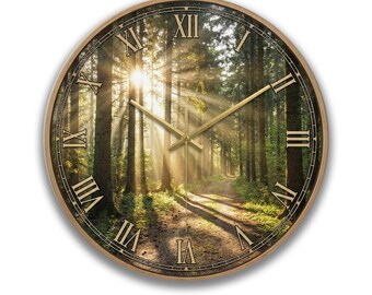 Forest Wall Clock, Sunlit Trees, Rustic Home Decor