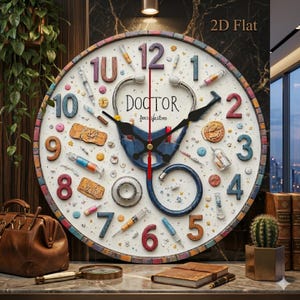 May include: A round wall clock with a medical theme. The clock face is white with colorful numbers and medical tools. A blue stethoscope design is in the center, with the word "DOCTOR" above it. The clock has black hands and a colorful border.