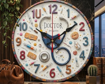 Doctor Wooden Wall Clock – Silent Stethoscope Design, Medical Decor