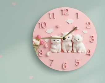 Cute Cat Wall Clock | 3D Look, Silent Nursery Decor