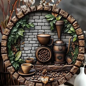 Op de afbeelding: Een gedetailleerd, cirkelvormig reliëfsculptuur met een koffiethema. Het toont een bakstenen achtergrond, koffiebonen, kopjes en brouwapparatuur in bruin- en bronstinten, omgeven door groen en een stenen rand.