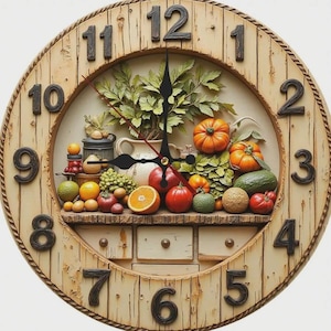 Op de afbeelding: Een decoratieve wandklok met een rustiek ontwerp. De wijzerplaat toont een stilleven van fruit en groenten, waaronder pompoenen, sinaasappels en tomaten. De wijzers zijn zwart en de cijfers donkerbruin. De klok heeft een diameter van ongeveer 30 cm.