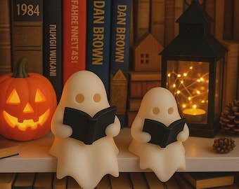 Figuritas de fantasmas leyendo (juego de 2) – Decoración de mesa espeluznante para Halloween