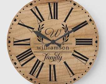 Custom Family Name Wooden Wall Clock – Rustic Farmhouse Decor Gift