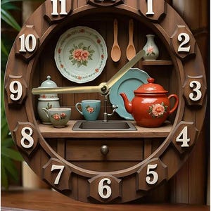 Puede incluir: Un reloj decorativo de madera con un interior temático de cocina. La esfera del reloj presenta grandes números blancos. En el interior, hay artículos de cocina en miniatura como una tetera, platos, tazas y cucharas. El reloj es marrón con un diseño rústico.