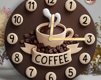 Reloj de pared de café con aspecto 3D, impresión 2D, silencioso, rústico, de MDF, para cocina, cafetería, decoración, sin tictac, diseño vintage de café.