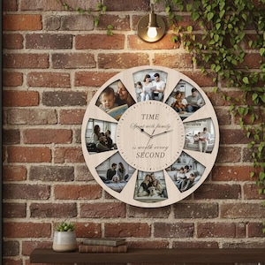 Family Photo Clock, Personalized Glass Wall Decor with 8 Picture Slots