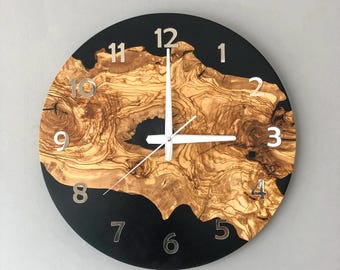 2D Printed Olive Wood Look Wall Clock, Silent Rustic Tree Texture