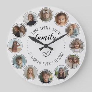 Op de afbeelding: Witte ronde wandklok met familiefoto's rond de wijzerplaat. De wijzers zijn zwart en de tekst "TIME SPENT WITH family IS WORTH EVERY SECOND" is in het zwart gedrukt.