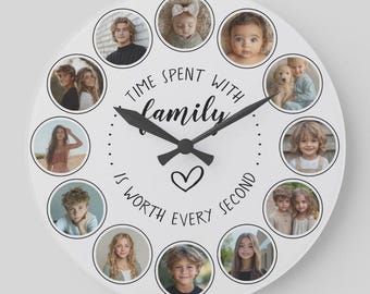 Aangepaste familiecollage fotoklok, 12 gepersonaliseerde foto grote wandklok, tijd doorgebracht met familiebord, uniek housewarmingcadeau