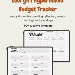 Könnte beinhalten: Zwei digitale Budget-Tracker auf hellbeigem Hintergrund. Der obere Tracker zeigt "FEBRUARY" mit Ausgabenkategorien. Der untere Tracker zeigt "2025" mit sechs Monaten Reflexion. Text: "cool girl hyperlinked Budget Tracker".