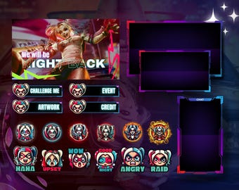 Harley Quinn Twitch Stream Overlay: Emotes, Badges, Animated Screens (PNG)