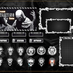Puede incluir: Un diseño de superposición de transmisión en blanco y negro con una figura esquelética y gráficos de calaveras. Incluye marcos, botones para YouTube, Discord y obras de arte, y un cuadro de chat. El banner dice "Stream Starting Soon."