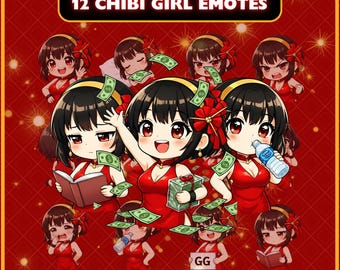12 Chibi Girl Emotes Pack | Kawaii Red Chinese Style Streamer Pack (Digital Download)