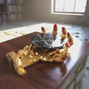 Könnte beinhalten: Eine einzigartige, goldfarbene Skulptur einer Hand, die einen kleinen, runden Tisch trägt. Der Tisch hat eine schwarze Marmorplatte mit weißen Adern. Die Fingerspitzen sind rot bemalt. Die Skulptur steht auf einer dunkelbraunen Oberfläche.
