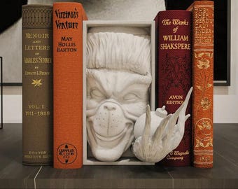 Può includere: Una composizione decorativa da libreria con libri d'epoca e una scultura bianca di una faccia di cane. I libri includono titoli come "Memoir and Letters" e "Virginia's Venture". È presente anche una scultura di uccello bianco.