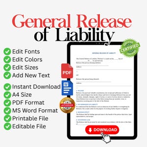 Printable Liability Release Form, Liability Form, Release Waiver Template, Liability Waiver Form Template, General Release of Liability