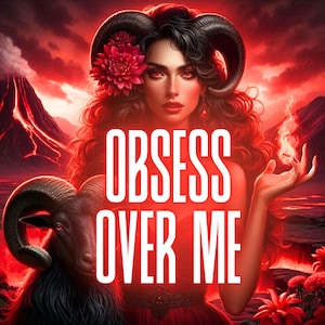 Könnte beinhalten: Digitales Kunstwerk einer Frau mit dunklem Haar, Hörnern und einem roten Kleid, vor einem feurigen roten Hintergrund. Der Text "OBSESS OVER ME" ist prominent dargestellt. Ein Widder und eine feurige Hand sind ebenfalls zu sehen.