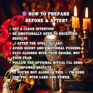 Puede incluir: Imagen con texto: "&iquest;C&Oacute;MO PREPARARSE ANTES Y DESPU&Eacute;S?" con instrucciones. La imagen incluye rosas rojas, un c&aacute;liz dorado, una calavera, velas y elementos decorativos. El texto proporciona orientaci&oacute;n sobre la fijaci&oacute;n de intenciones.