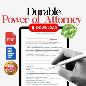 Printable Durable Power of Attorney Form, Durable Power of Attorney Template, POA Agreement, POA Form, Word PDF Google Docs Instant Download