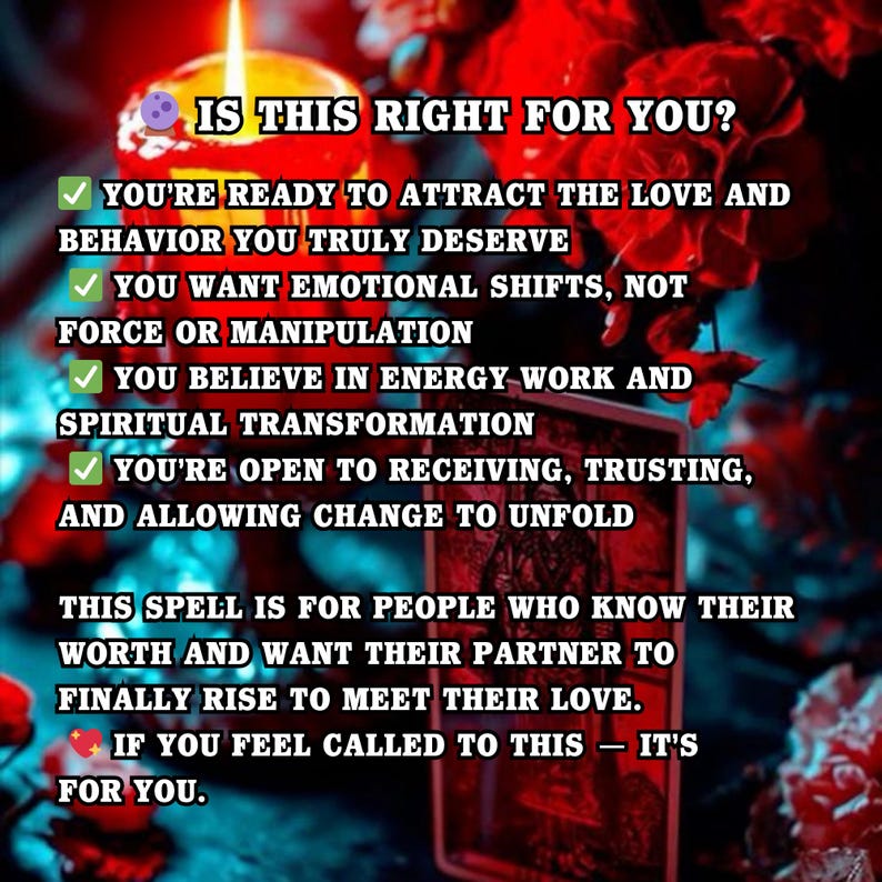 Puede incluir: Una vela encendida y rosas rojas enmarcan texto sobre un fondo oscuro. El texto pregunta "&iquest;ES ESTO ADECUADO PARA TI?" y enumera afirmaciones sobre la atracci&oacute;n del amor y la transformaci&oacute;n espiritual. Tambi&eacute;n se ve una carta del tarot.