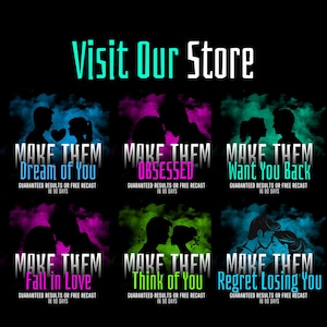 Puede incluir: Un gr&aacute;fico promocional negro con el texto "Visit Our Store" en blanco y turquesa. Seis dise&ntilde;os presentan siluetas de parejas con frases como "Dream of You" y "Obsessed". Cada dise&ntilde;o incluye el texto "Guaranteed Results or Free Recast in 90 Days."