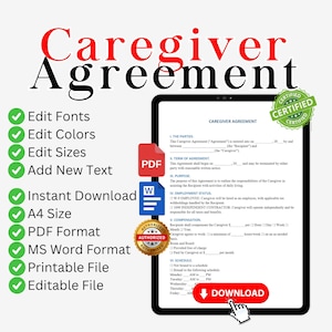 Caregiver form, senior care agreement, personal care assistant agreement, Home care contract home caregiver contract, elderly care agreement