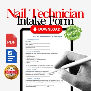 Nail Technician Intake Form, Nail Tech Consultation Forms, Nail Client Intake Forms, Nail Technician Business Templates and Trackers
