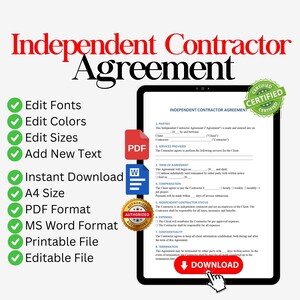 Independent contract, consulting agreement, contractor documents, freelance contract, business contract, forms for contractor services