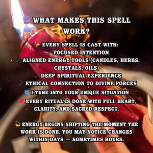 Puede incluir: Imagen con texto: "WHAT MAKES THIS SPELL WORK?" que detalla los componentes clave para lanzar hechizos, como la intenci&oacute;n enfocada y las herramientas energ&eacute;ticas. El fondo es borroso con tonos rojos y naranjas.