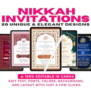 20 Nikkah Invitation Templates – Muslim Wedding Card Bundle – Editable Canva Islamic Invitation Template