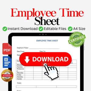 Work Hours Employee Time Sheet, Printable Timesheet, Timekeeping Sheet, Editable Time Sheet, Timecard, Staff Management, Weekly Timesheet