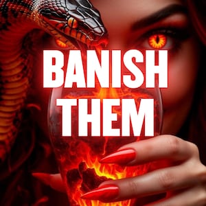 May include: A digital art image with a fiery theme. A woman's face is partially visible, with red eyes and long red nails. A snake and a glass with flames are also present. The text "BANISH THEM" is displayed in white.