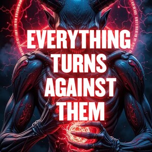 May include: Digital art featuring a demonic figure with horns and glowing red energy. The text "EVERYTHING TURNS AGAINST THEM" is prominently displayed in white block letters across the image. The figure is dark blue and red.