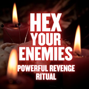 May include: Image features lit red candles with flames, and the text "HEX YOUR ENEMIES POWERFUL REVENGE RITUAL" in white. The candles have pins inserted into them, suggesting a ritualistic theme.