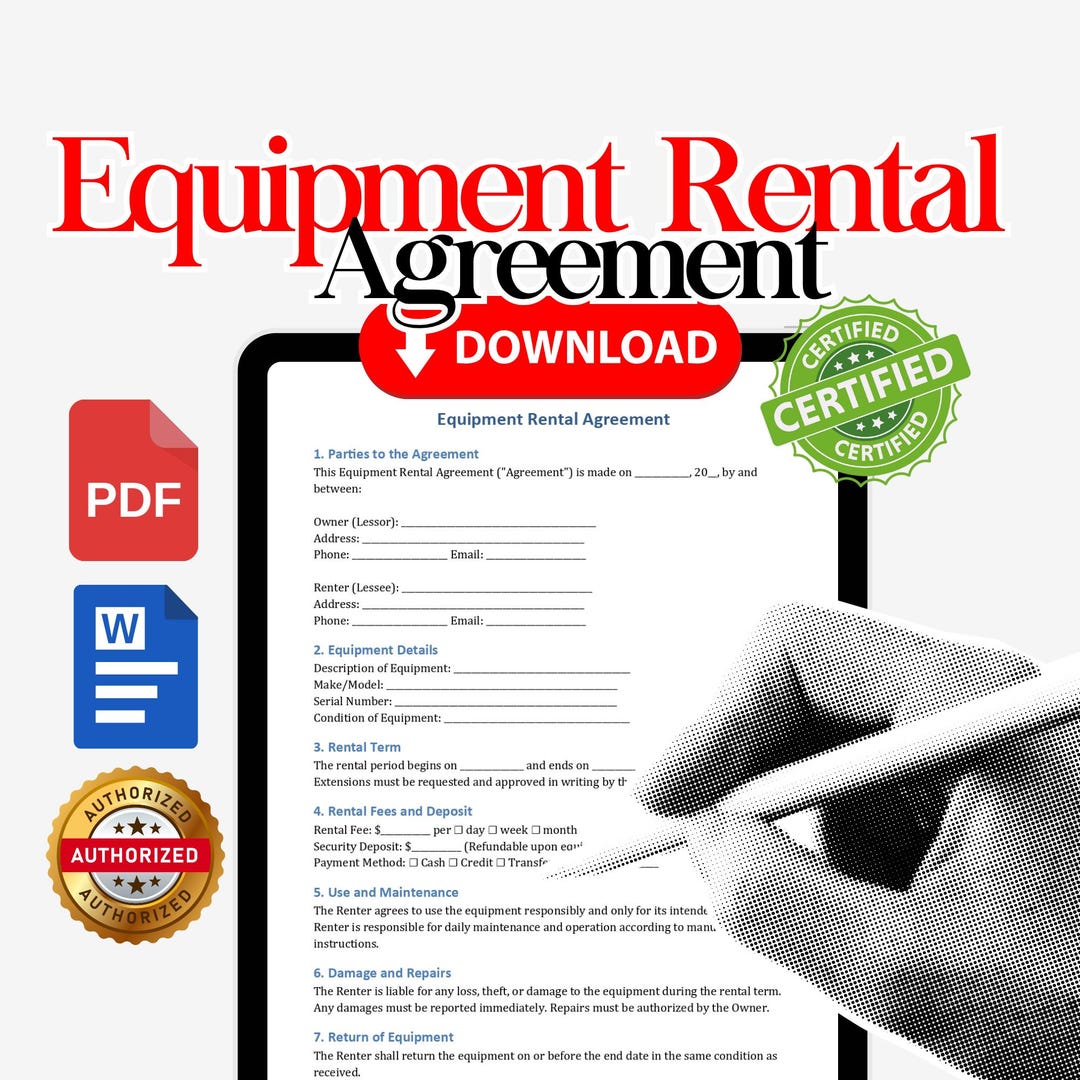Printable Machine Rental Editable Equipment Rental Agreement, Equipment Lease Template ...