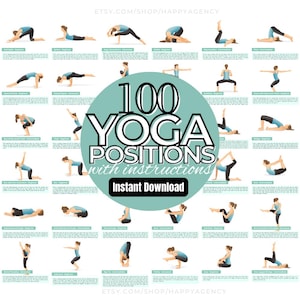 100 yogahoudingen afdrukbaar, yogahouding met namen, poster yogaflow, ochtendyoga, essentiële yogahoudingen kunst aan de muur, inrichting yogastudio